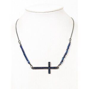 Gray Metallic Blue Rhinestone Sideways Cross Bead Necklace Gothic 23 in